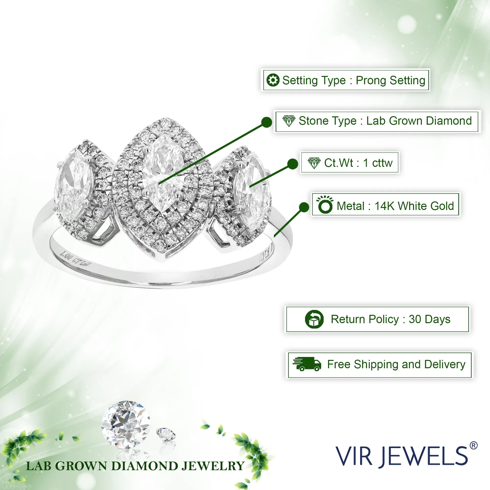 1 cttw Marquise Cut Lab Grown Diamond Engagement Ring 77 Stones 14K White Gold Prong Set 2/3 Inch