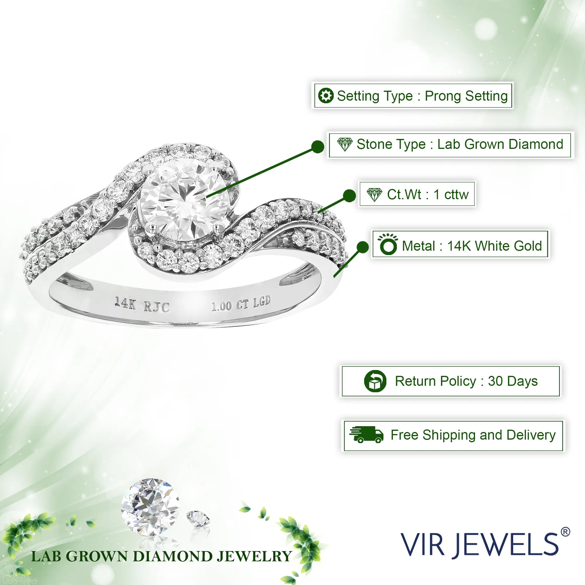 1 cttw Round Lab Grown Diamond Engagement Ring 39 Stones 14K White Gold Prong Set 3/4 Inch