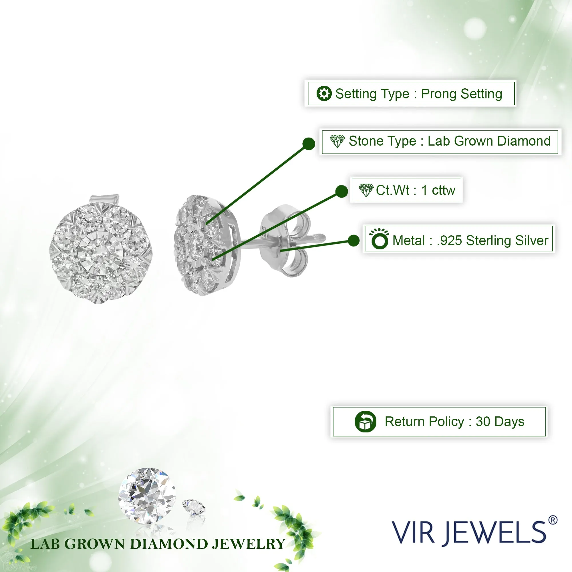 1 cttw Round Lab Grown Diamond Stud Earrings .925 Sterling Silver Prong Set 1/3 Inch