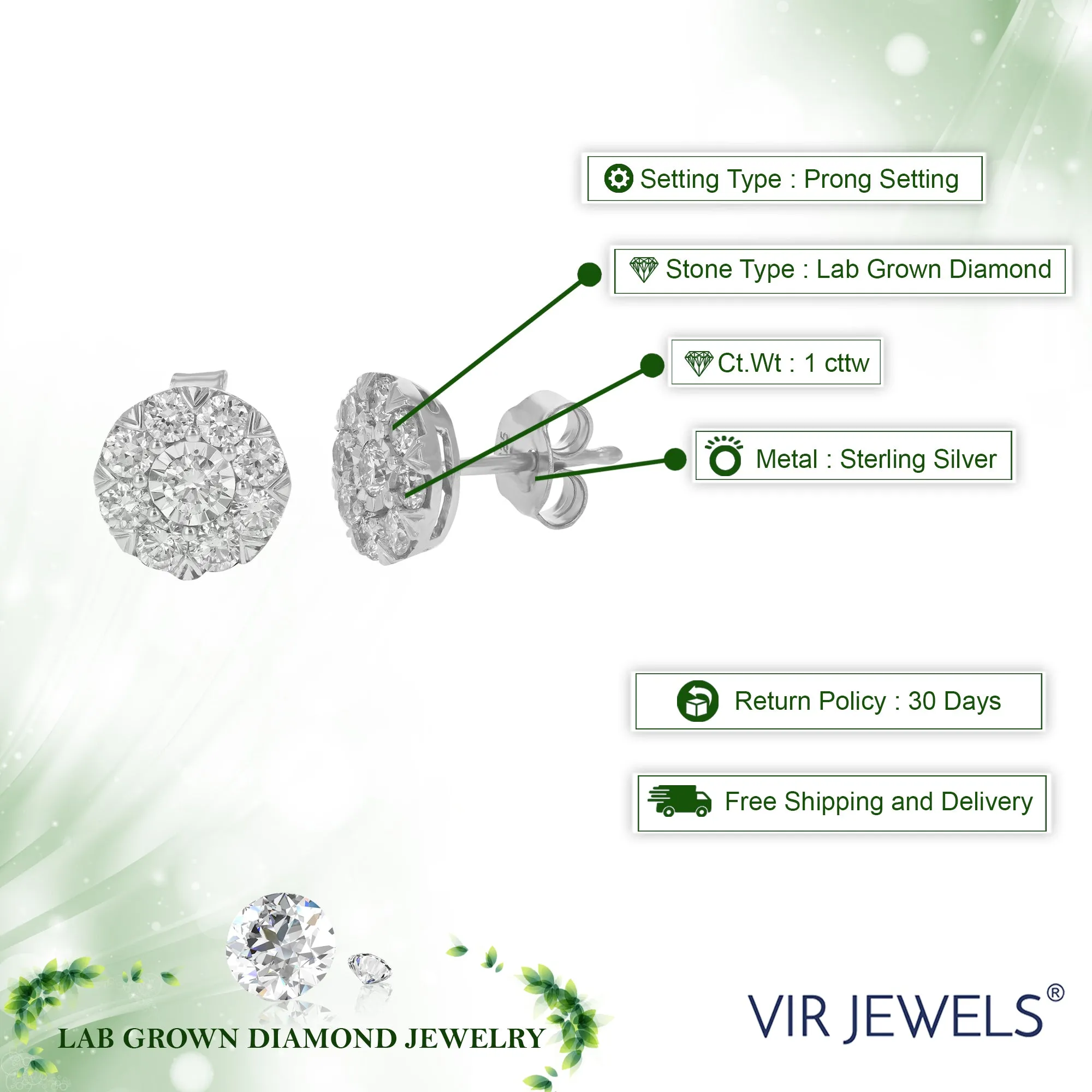 1 cttw Round Lab Grown Diamond Stud Earrings .925 Sterling Silver Prong Set 1/3 Inch