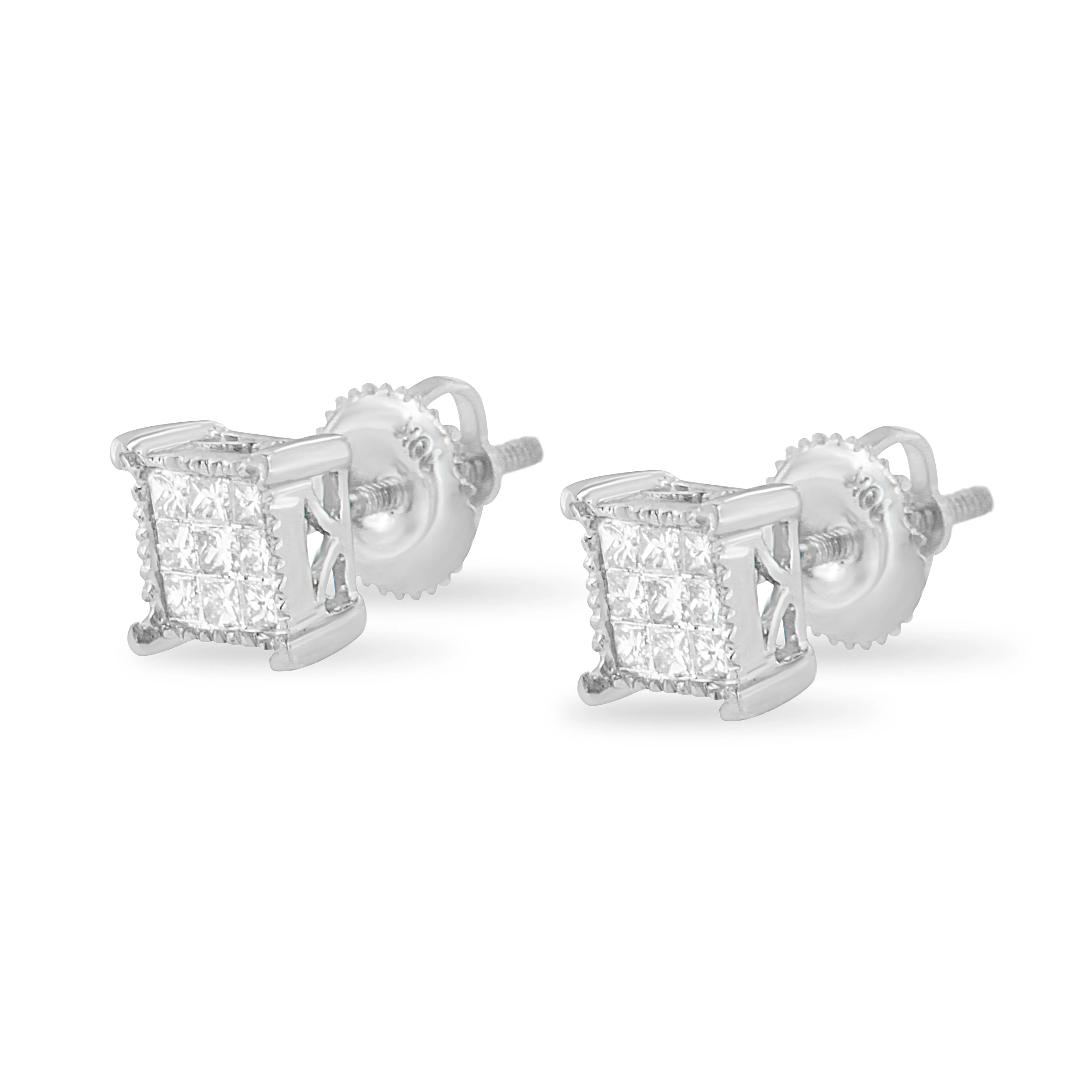 10K White Gold 1/3 Cttw Invisible Set Princess-Cut Diamond 18 Stone Composite Stud Earrings with Screwbacks