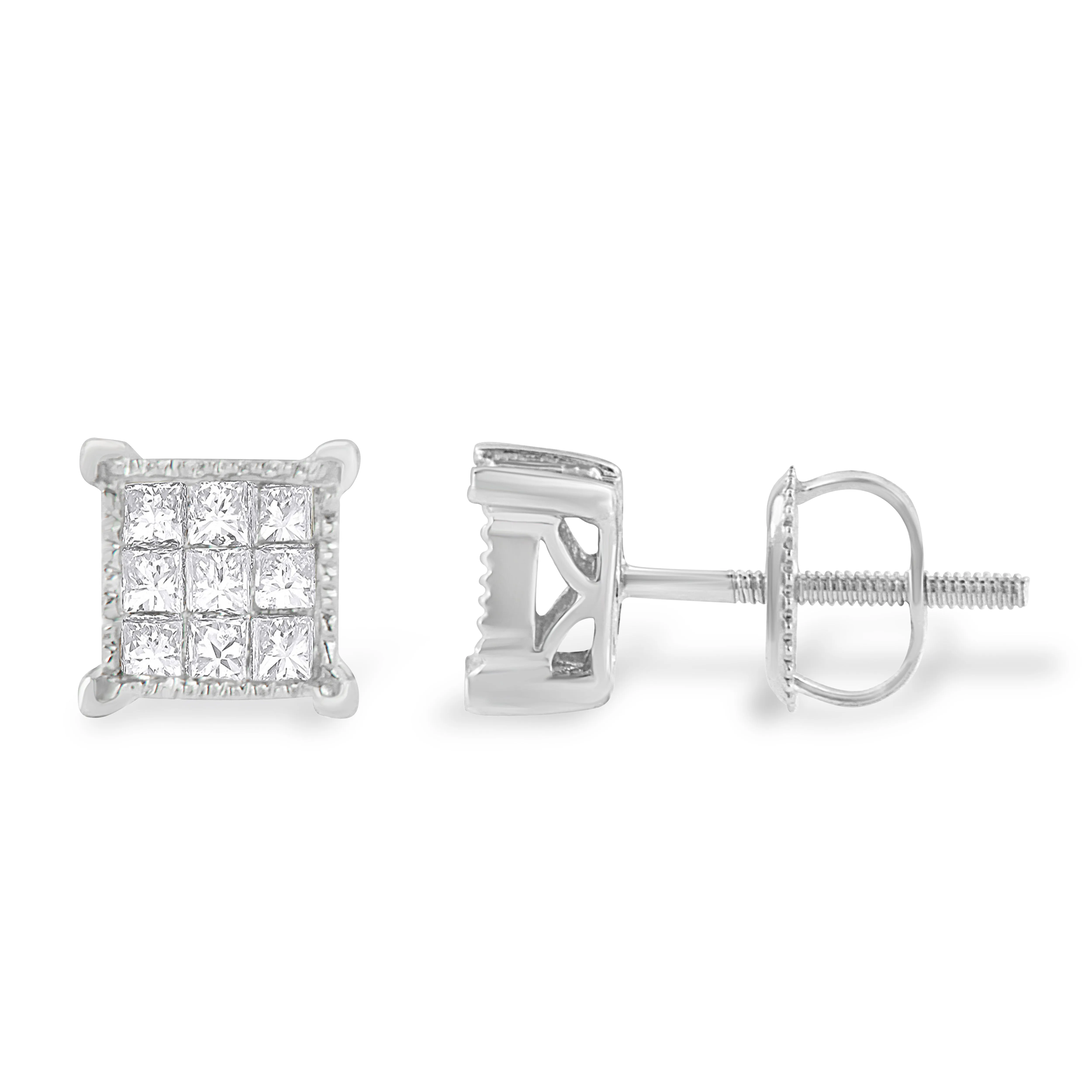 10K White Gold 1/3 Cttw Invisible Set Princess-Cut Diamond 18 Stone Composite Stud Earrings with Screwbacks