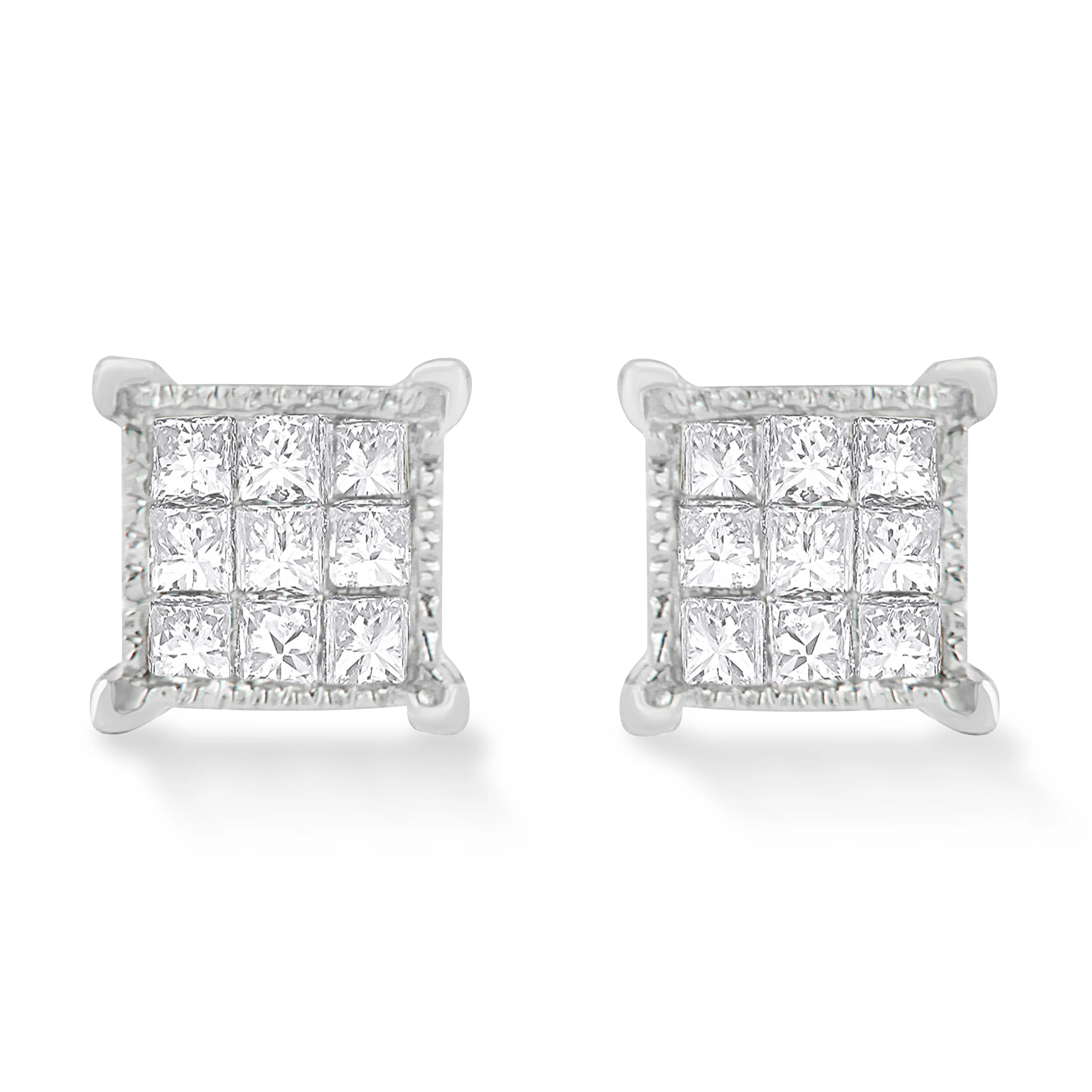 10K White Gold 1/3 Cttw Invisible Set Princess-Cut Diamond 18 Stone Composite Stud Earrings with Screwbacks