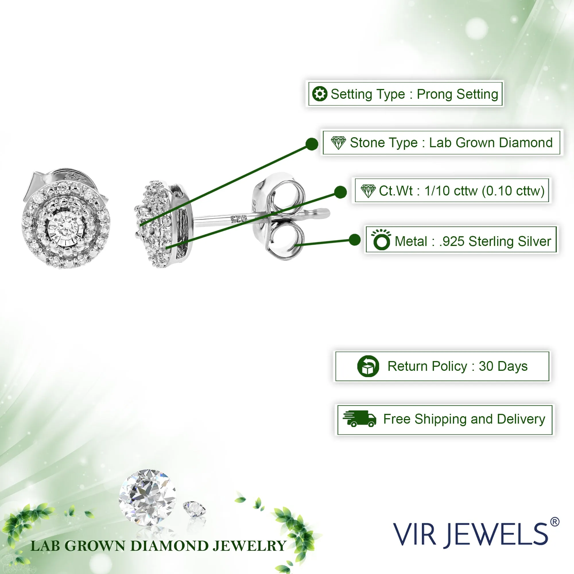 1/10 cttw 20 Stones Round Lab Grown Diamond Studs Earrings .925 Sterling Silver Prong Set 1/4 Inch