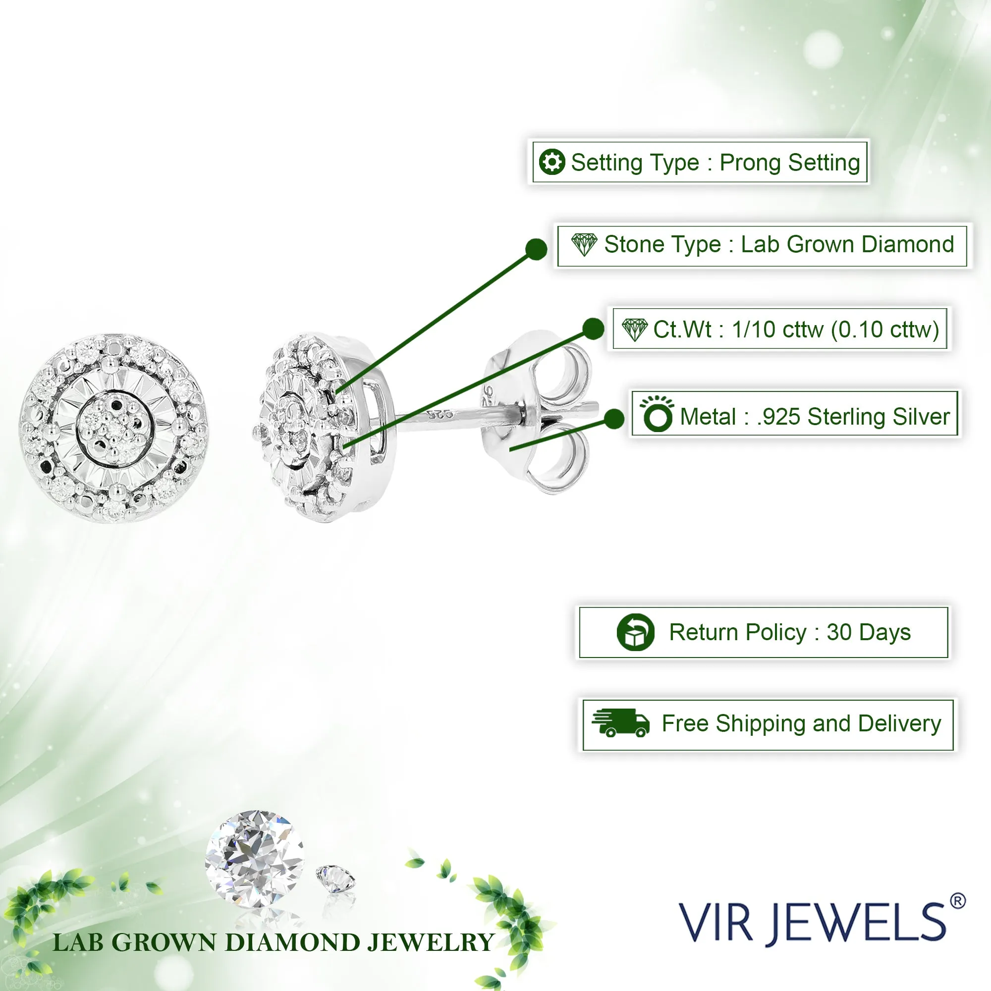 1/10 cttw 24 Stones Round Lab Grown Diamond Studs Earrings .925 Sterling Silver prong Set Round Shape