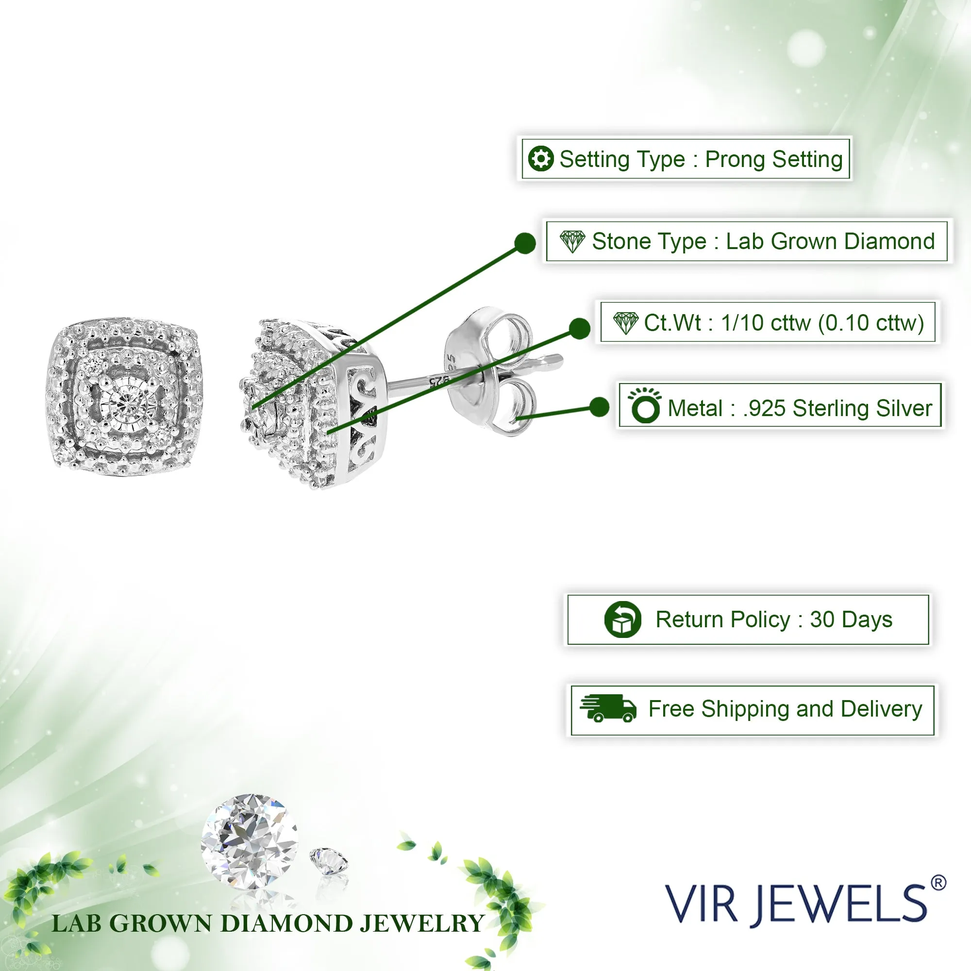 1/10 cttw Round Cut Lab Grown Diamond Stud Earrings in .925 Sterling Silver Prong Set