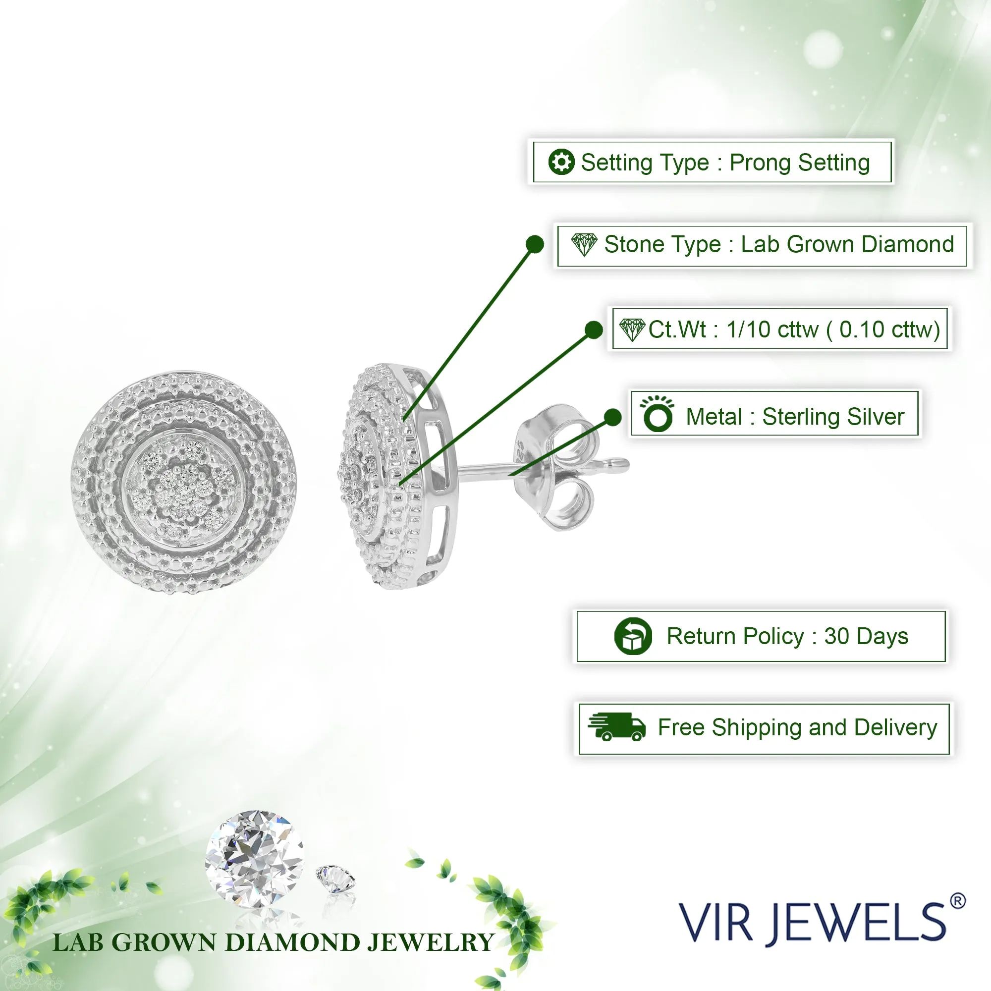 1/10 cttw Round Lab Grown Diamond .925 Sterling Silver Stud Earrings Prong Set
