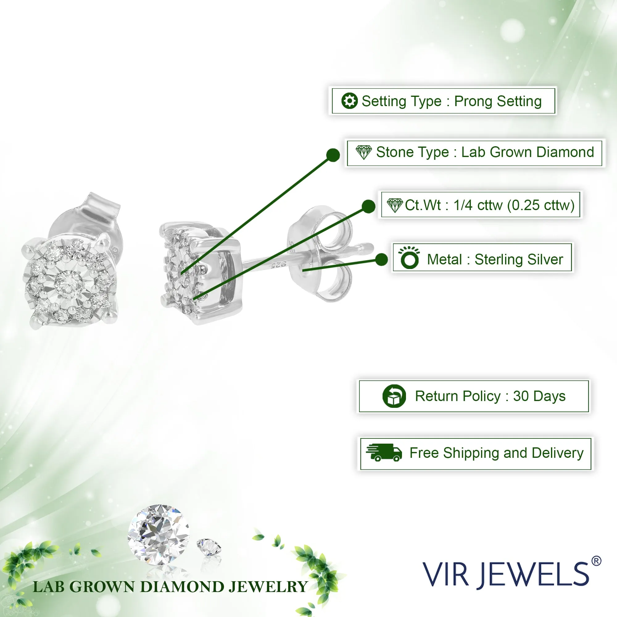 1/4 cttw Lab Grown Diamond Stud Earrings .925 Sterling Silver Prong Set