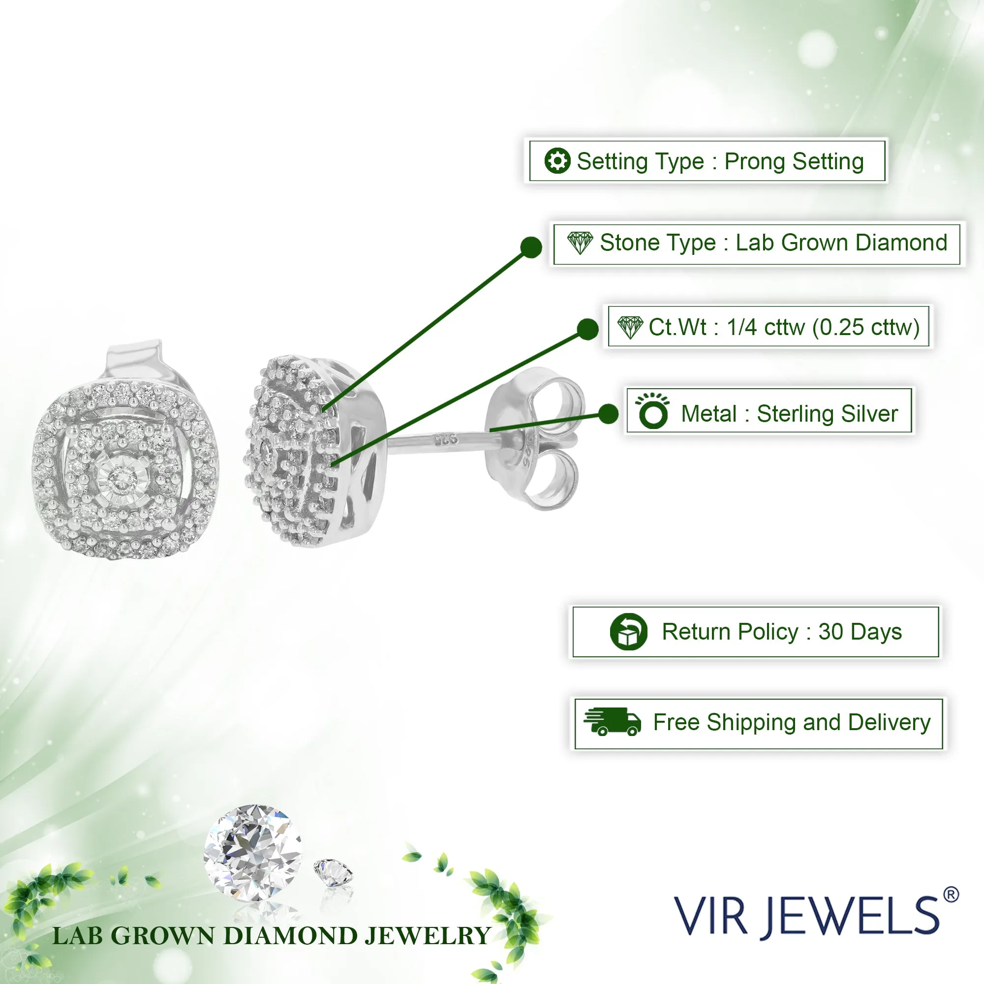1/4 cttw Round Cut Lab Grown Diamond Stud Earrings .925 Sterling Silver Prong Set