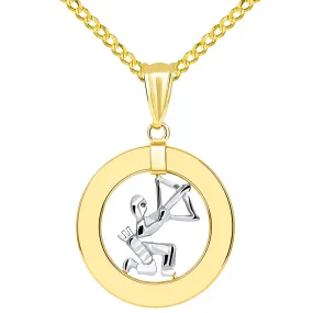14k Two Tone Gold Open Circle Sagittarius Zodiac Sign Pendant Cuban Necklace