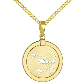 14K Yellow Gold Reversible Round Scorpion Scorpio Zodiac Sign Pendant with Cuban Chain Necklace