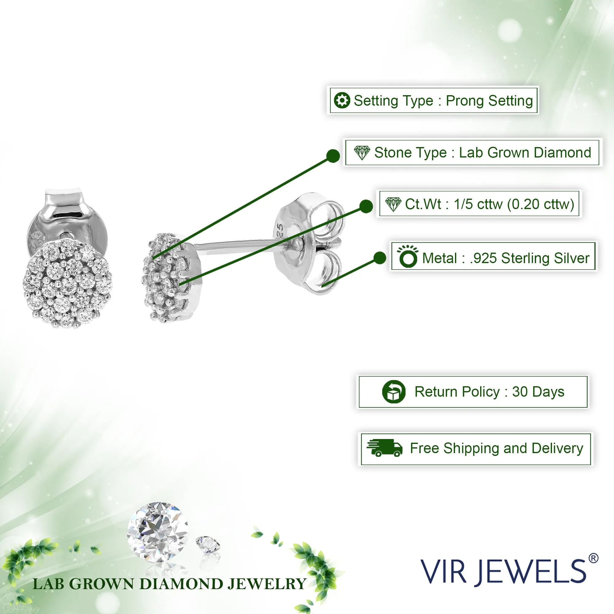 1/5 cttw Round Lab Grown Diamond Stud Earrings In .925 Sterling Silver With Prong Settings