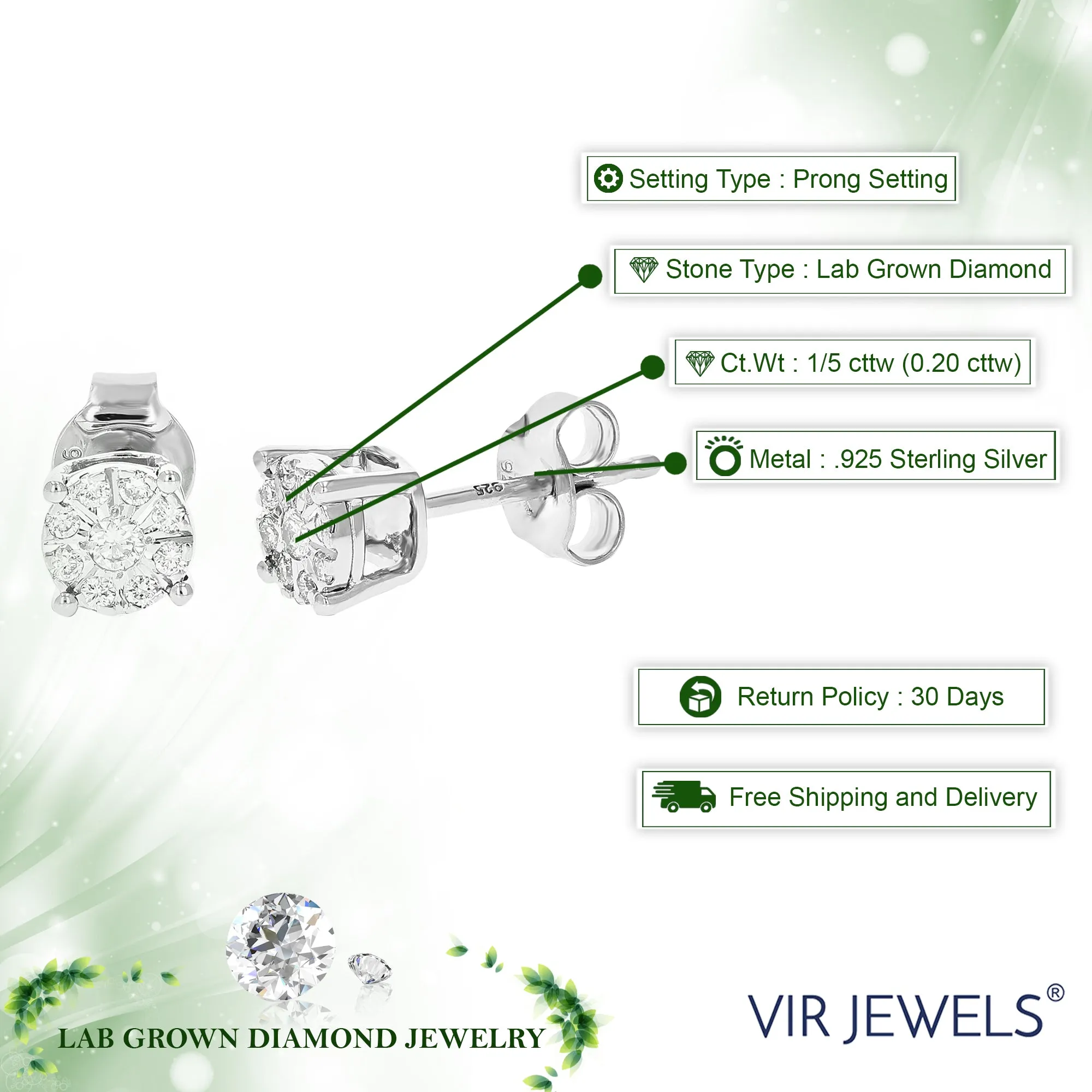 1/5 cttw Round Lab Grown Diamond Studs Earrings .925 Sterling Silver Prong Set Round Shape