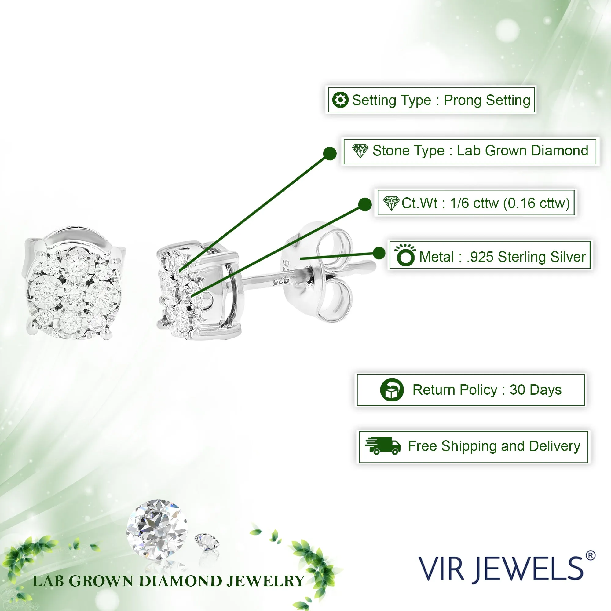 1/6 cttw 18 Stones Round Lab Grown Diamond Studs Earrings .925 Sterling Silver Prong Set Round Shape