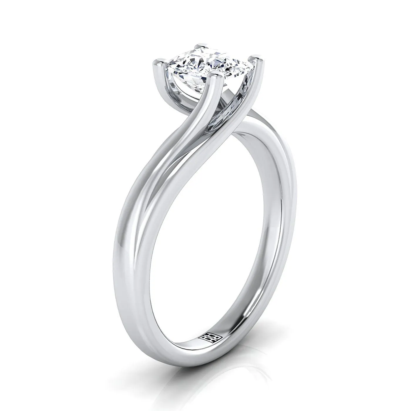 18K White Gold Cushion  Twisted Bypass Solitaire Engagement Ring