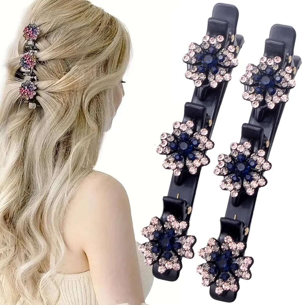 2 Pcs Sparkling Crystal Stone Braided Hair Clips, 2024 New Satin Fabric Hair Bands Rhinestone Four-Leaf Clover Hair Clip,Duck Bill Clips for Women Girls (B)