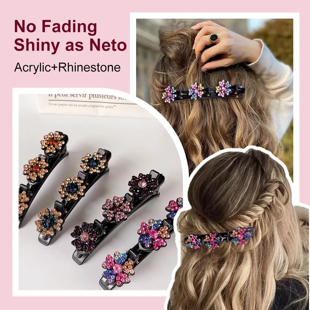 2 Pcs Sparkling Crystal Stone Braided Hair Clips, 2024 New Satin Fabric Hair Bands Rhinestone Four-Leaf Clover Hair Clip,Duck Bill Clips for Women Girls (B)