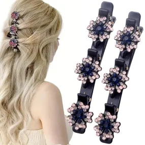 2 Pcs Sparkling Crystal Stone Braided Hair Clips, 2024 New Satin Fabric Hair Bands Rhinestone Four-Leaf Clover Hair Clip,Duck Bill Clips for Women Girls (B)