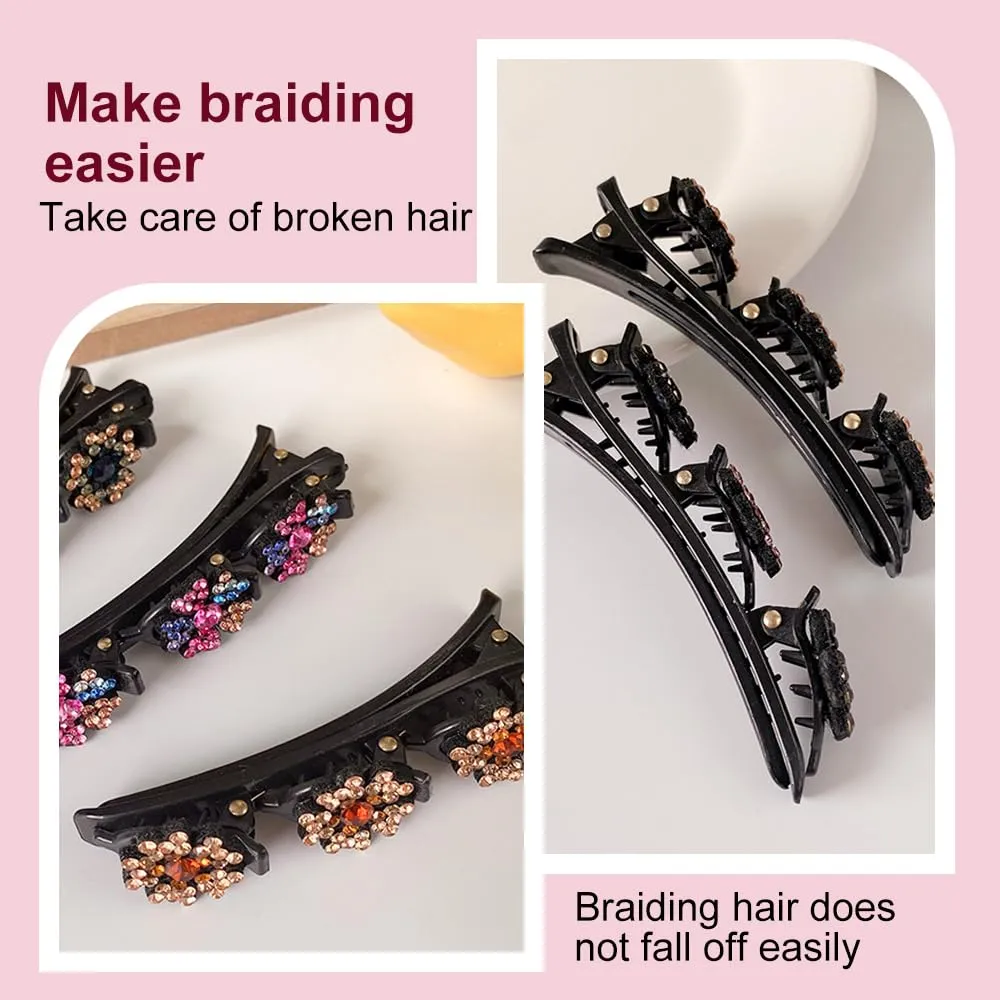 2 Pcs Sparkling Crystal Stone Braided Hair Clips, 2024 New Satin Fabric Hair Bands Rhinestone Four-Leaf Clover Hair Clip,Duck Bill Clips for Women Girls (B)