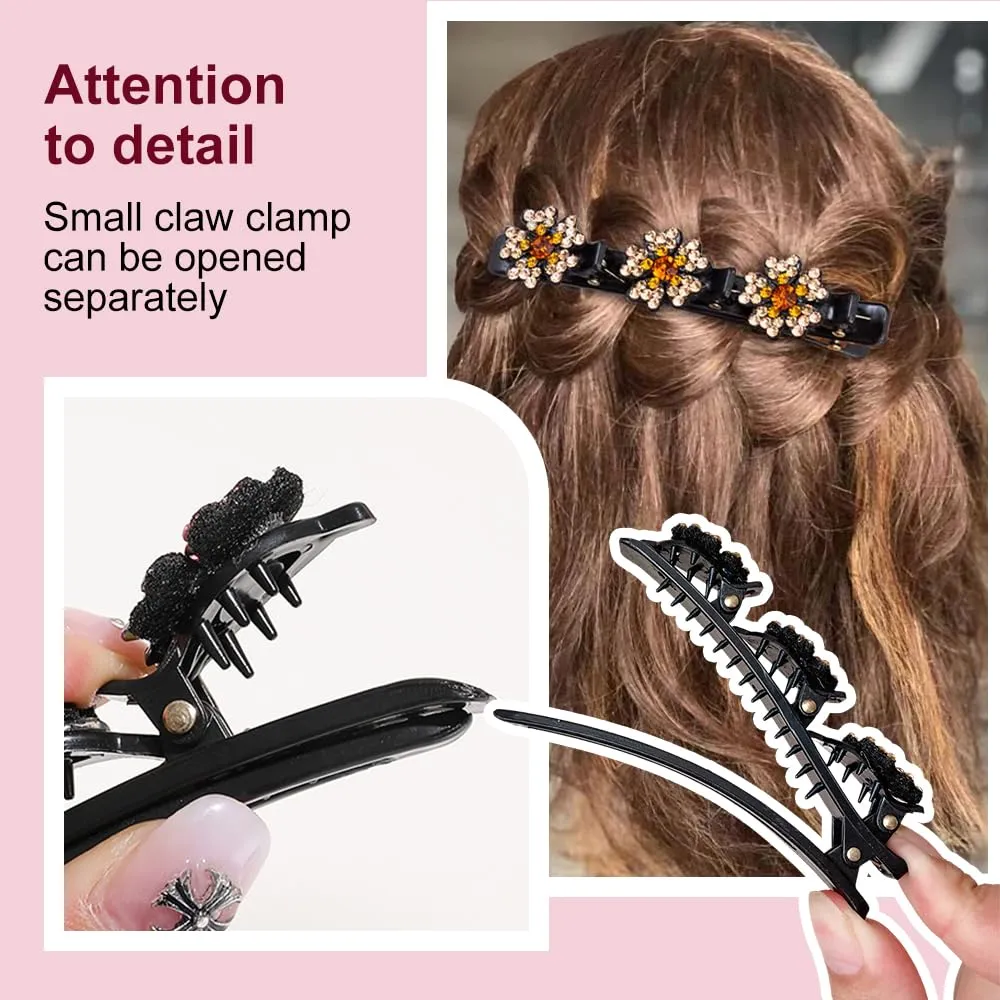 2 Pcs Sparkling Crystal Stone Braided Hair Clips, 2024 New Satin Fabric Hair Bands Rhinestone Four-Leaf Clover Hair Clip,Duck Bill Clips for Women Girls (B)
