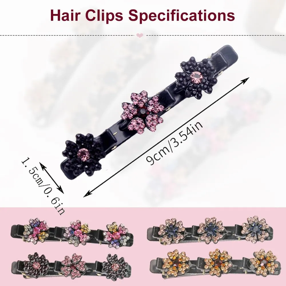 2 Pcs Sparkling Crystal Stone Braided Hair Clips, 2024 New Satin Fabric Hair Bands Rhinestone Four-Leaf Clover Hair Clip,Duck Bill Clips for Women Girls (B)