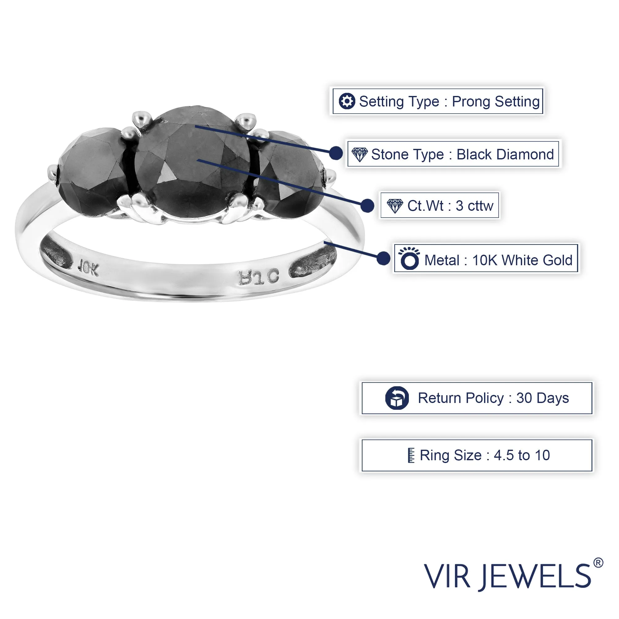 3 cttw Three Black Diamond Engagement Ring in 10K White Gold