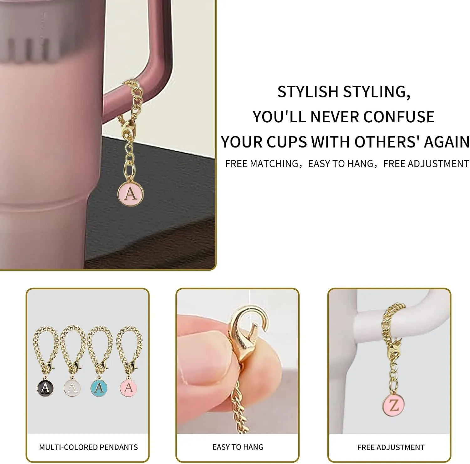 4PCS Stanley Cup Letter Charms - Name ID Handle Charms for Modern Tumblers, Fits All Water Cup Handles