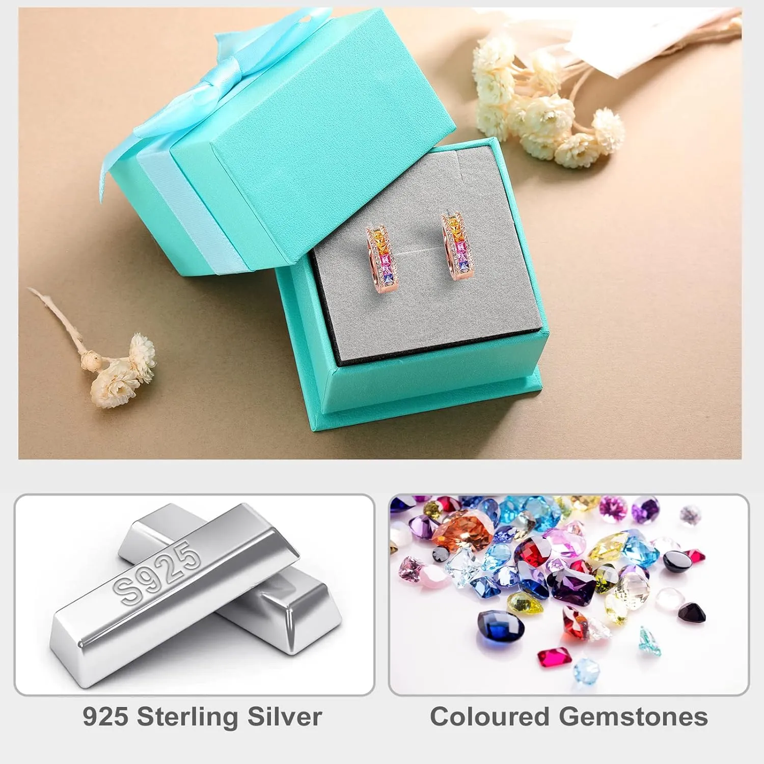 925 Sterling Silver Small Hoop Earrings for Women Girls Colorful Gemstone Emerald CZ Rose Gold Huggie Hoop Earrings