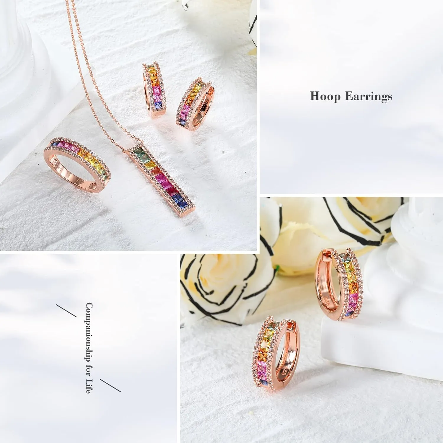 925 Sterling Silver Small Hoop Earrings for Women Girls Colorful Gemstone Emerald CZ Rose Gold Huggie Hoop Earrings