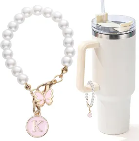 Accessories for Stanley Cup Pearl Chain Initial Accessoriess for Handle Stuff Decor Water Bottle Jewelry Tumbler Cute Simple Modern Personalized Name ID Decorations Letter Pink Tag K