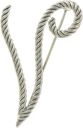 Alphabet Letter Large Script Silver Tone Rope Initial "V" Pin Brooch 2 1/2" Fashion Brooch for Women Trendy Accessories for Women Stylish Additions