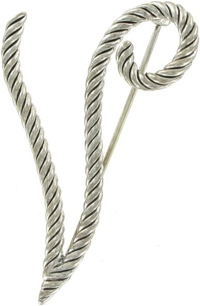 Alphabet Letter Large Script Silver Tone Rope Initial "V" Pin Brooch 2 1/2" Fashion Brooch for Women Trendy Accessories for Women Stylish Additions