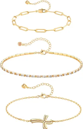 Anklet Bracelets for Women 14K Gold Jewelry Set Waterproof Layered Tennis Satellite Link Chain Anklets Set Gold Anklets Adjustable Size 3pc