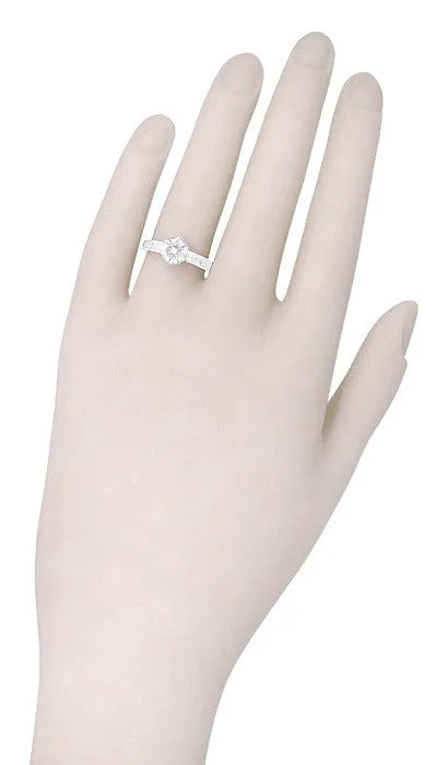 Art Deco Crown Filigree Scrolls 3/4 Carat Solitaire Diamond Engraved Filigree Engagement Ring in 18 Karat White Gold