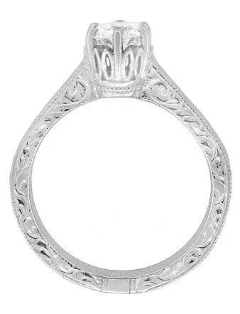 Art Deco Crown Filigree Scrolls 3/4 Carat Solitaire Diamond Engraved Filigree Engagement Ring in 18 Karat White Gold