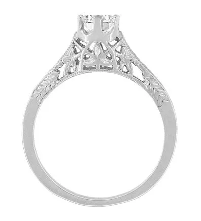 Art Deco Crown of Leaves Filigree 1/2 Carat Solitaire Diamond Engagement Ring in White Gold