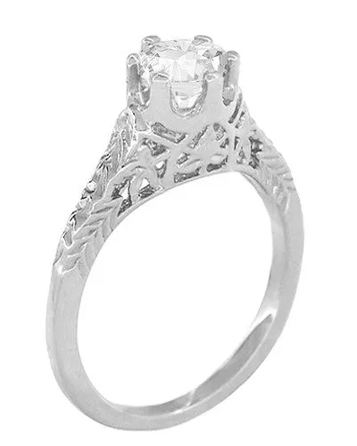 Art Deco Crown of Leaves Filigree 1/2 Carat Solitaire Diamond Engagement Ring in White Gold