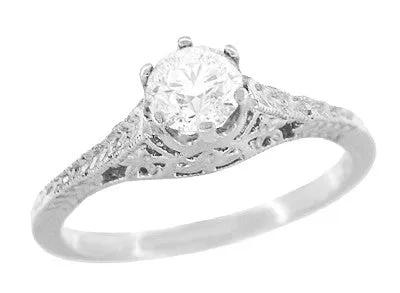 Art Deco Crown of Leaves Filigree 1/2 Carat Solitaire Diamond Engagement Ring in White Gold