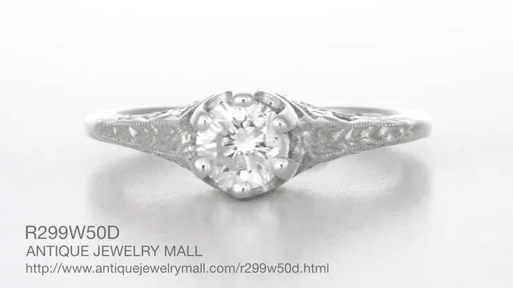 Art Deco Crown of Leaves Filigree 1/2 Carat Solitaire Diamond Engagement Ring in White Gold