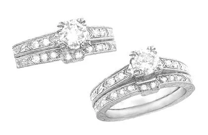 Art Deco Engraved Diamond Engagement Ring in Platinum