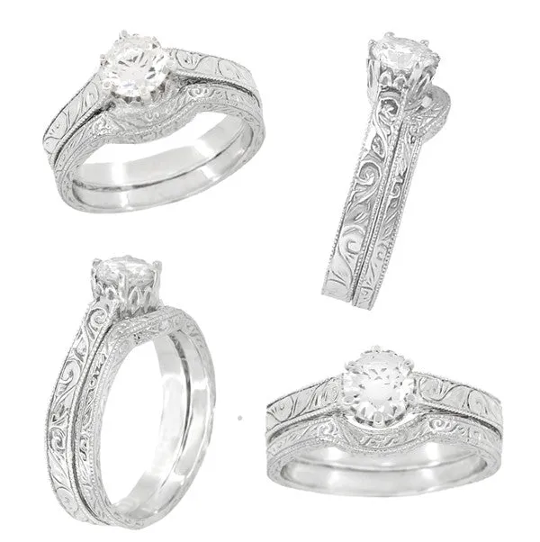 Art Deco Filigree Scroll Platinum Crown Solitaire 1/2 Carat Engagement Ring Setting
