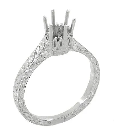 Art Deco Filigree Scroll Platinum Crown Solitaire 1/2 Carat Engagement Ring Setting