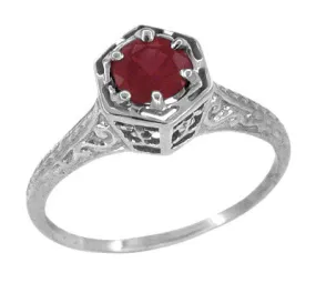 Art Deco Hexagon Solitaire 1/2 Carat Ruby Filigree Ring in 14 Karat White Gold