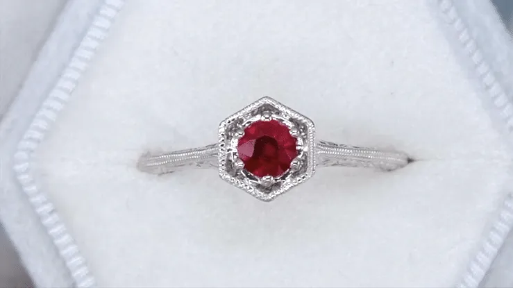 Art Deco Hexagon Solitaire 1/2 Carat Ruby Filigree Ring in 14 Karat White Gold