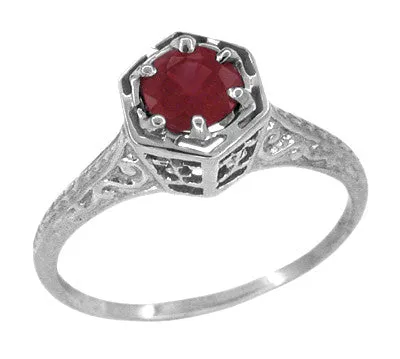 Art Deco Hexagon Solitaire 1/2 Carat Ruby Filigree Ring in 14 Karat White Gold