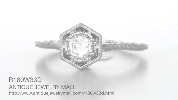 Art Deco Vintage Design Hexagonal 1/3 Carat Diamond Filigree Engagement Ring in 14K White Gold - Engraved Scrolls