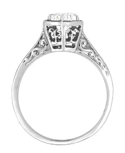 Art Deco Vintage Design Hexagonal 1/3 Carat Diamond Filigree Engagement Ring in 14K White Gold - Engraved Scrolls