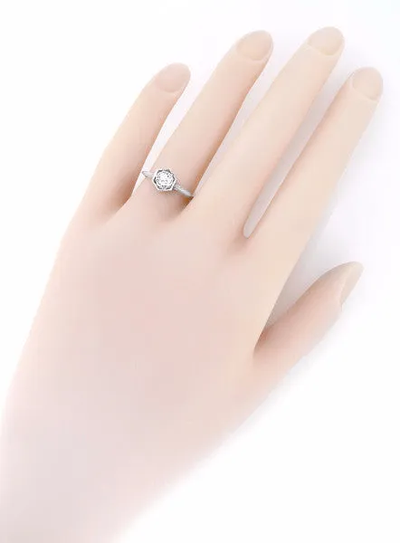 Art Deco Vintage Design Hexagonal 1/3 Carat Diamond Filigree Engagement Ring in 14K White Gold - Engraved Scrolls