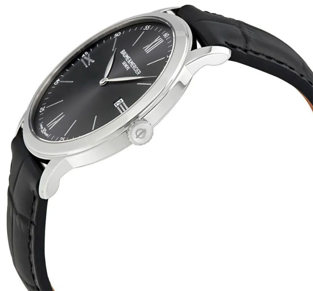 Baume & Mercier Classima Gray Dial Black Leather Strap Date Quartz Mens Watch MOA10416