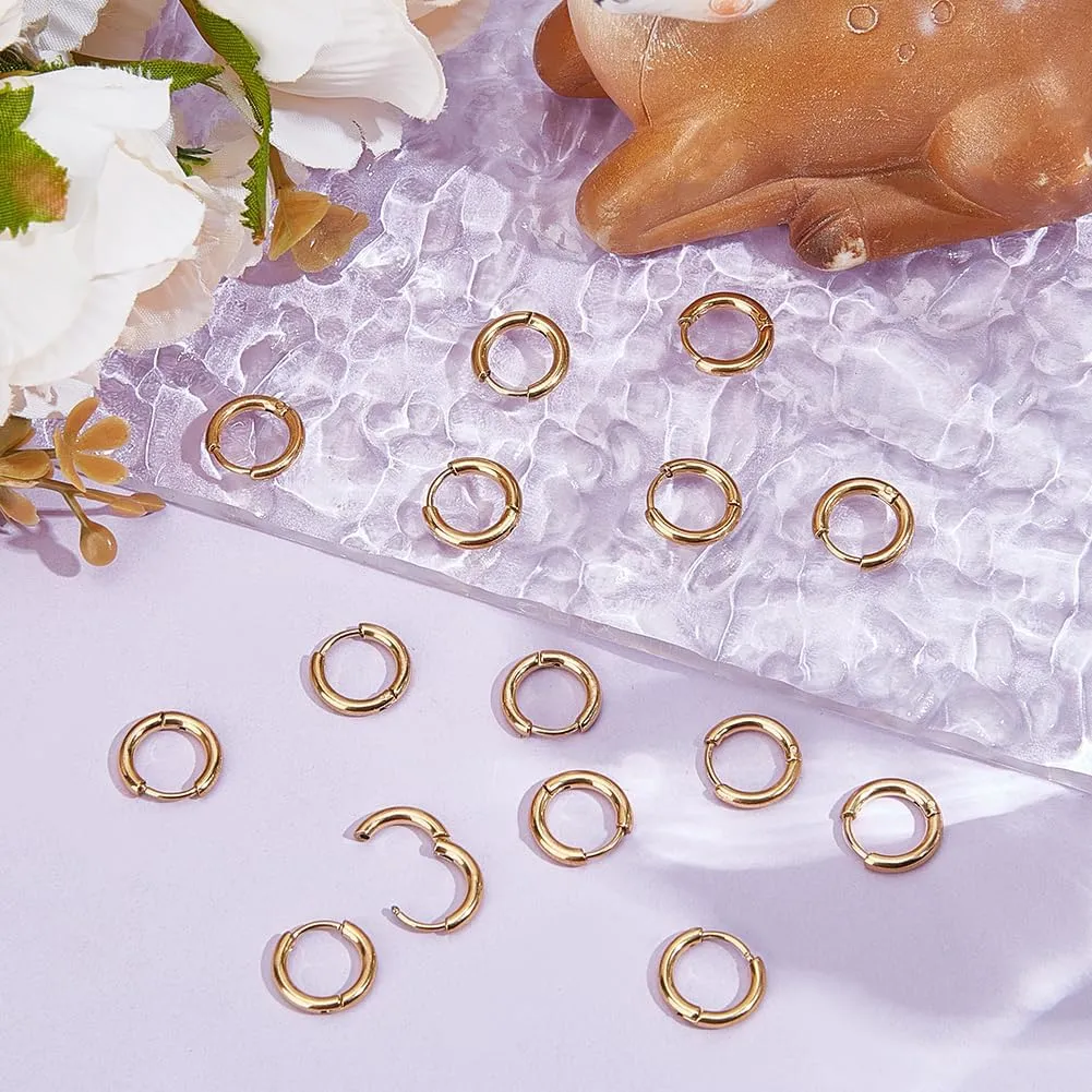Beebeecraft 1 Box 10 Pairs Huggie Hoop Earrings 12mm 18K Gold Plated 304 Stainless Steel Round Hoop Earring Set for Women Men